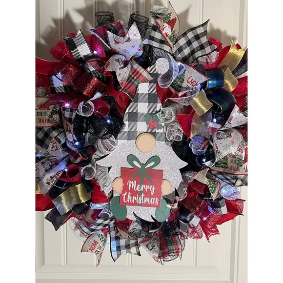 Handmade Merry Christmas Gnome Holiday Ribbon Door Wreath 22 ins W44 - Picture 9 of 12